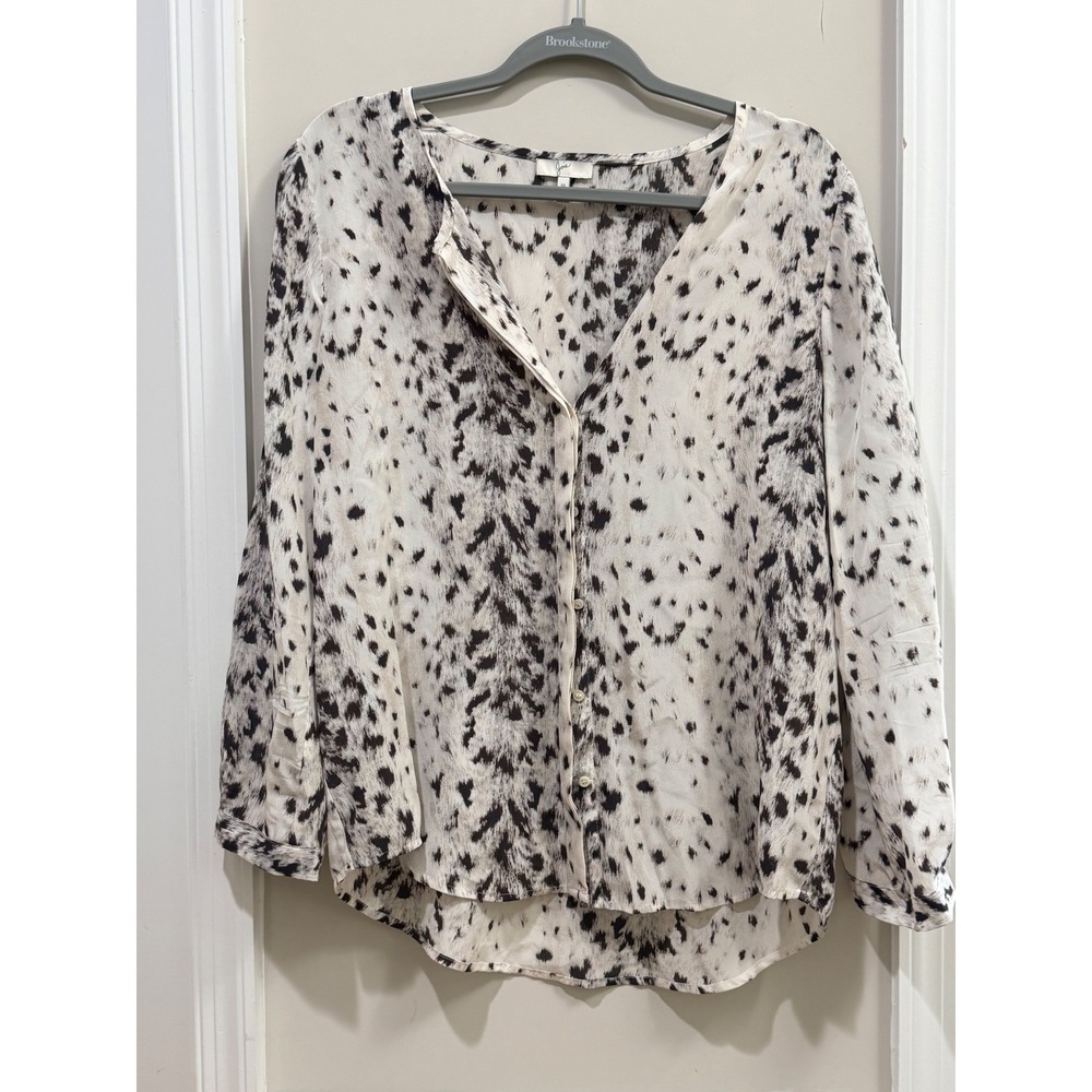 Joie Women Black White Abstract Animal Print 100%Silk V-Neck Blouse Medium